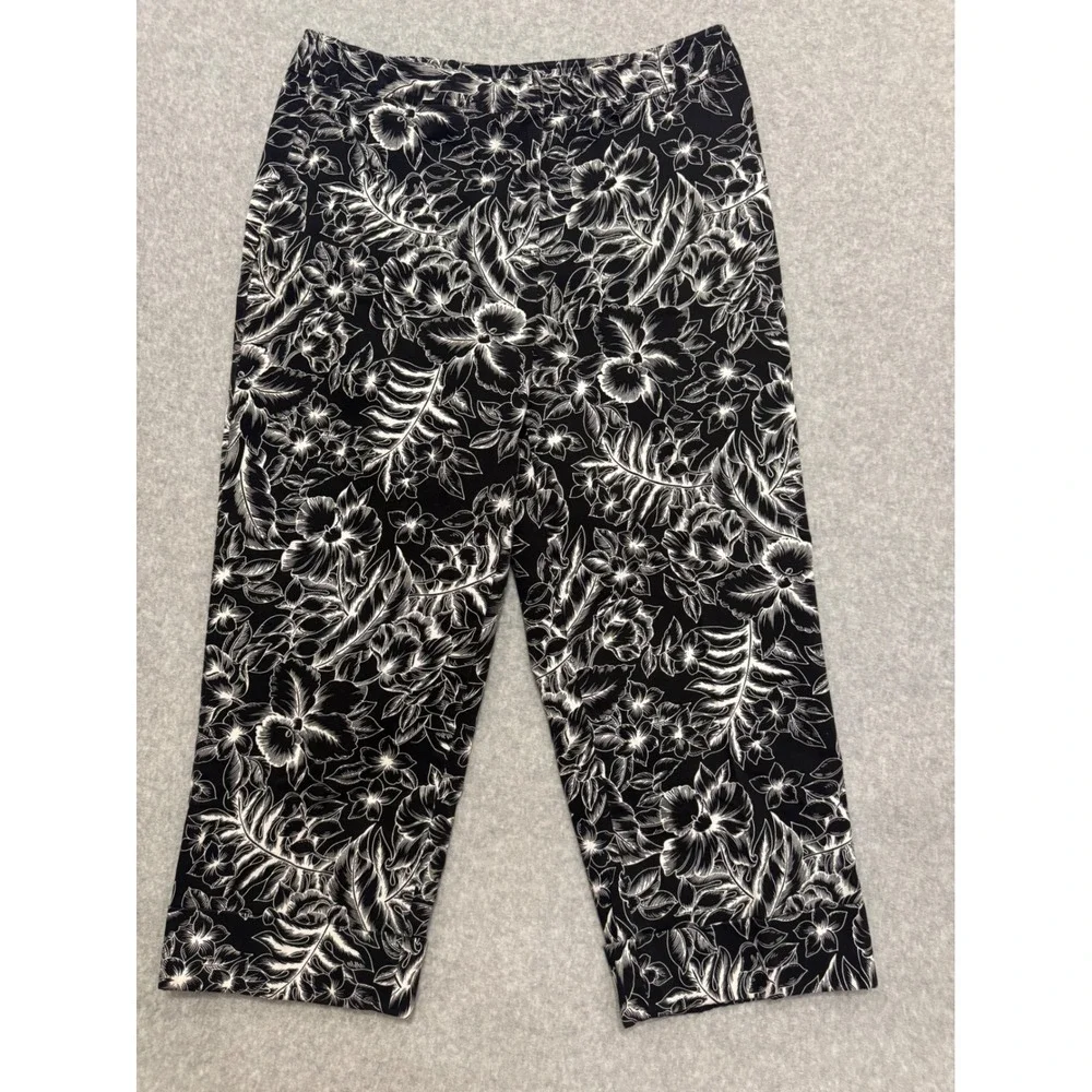 Rafaella Womens Black White Floral Capri Pants Cropped Cuffed Stretch Size 14‎